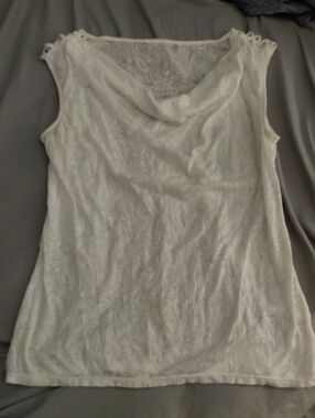 White Lace Overlay Cowl Neck Women's Top